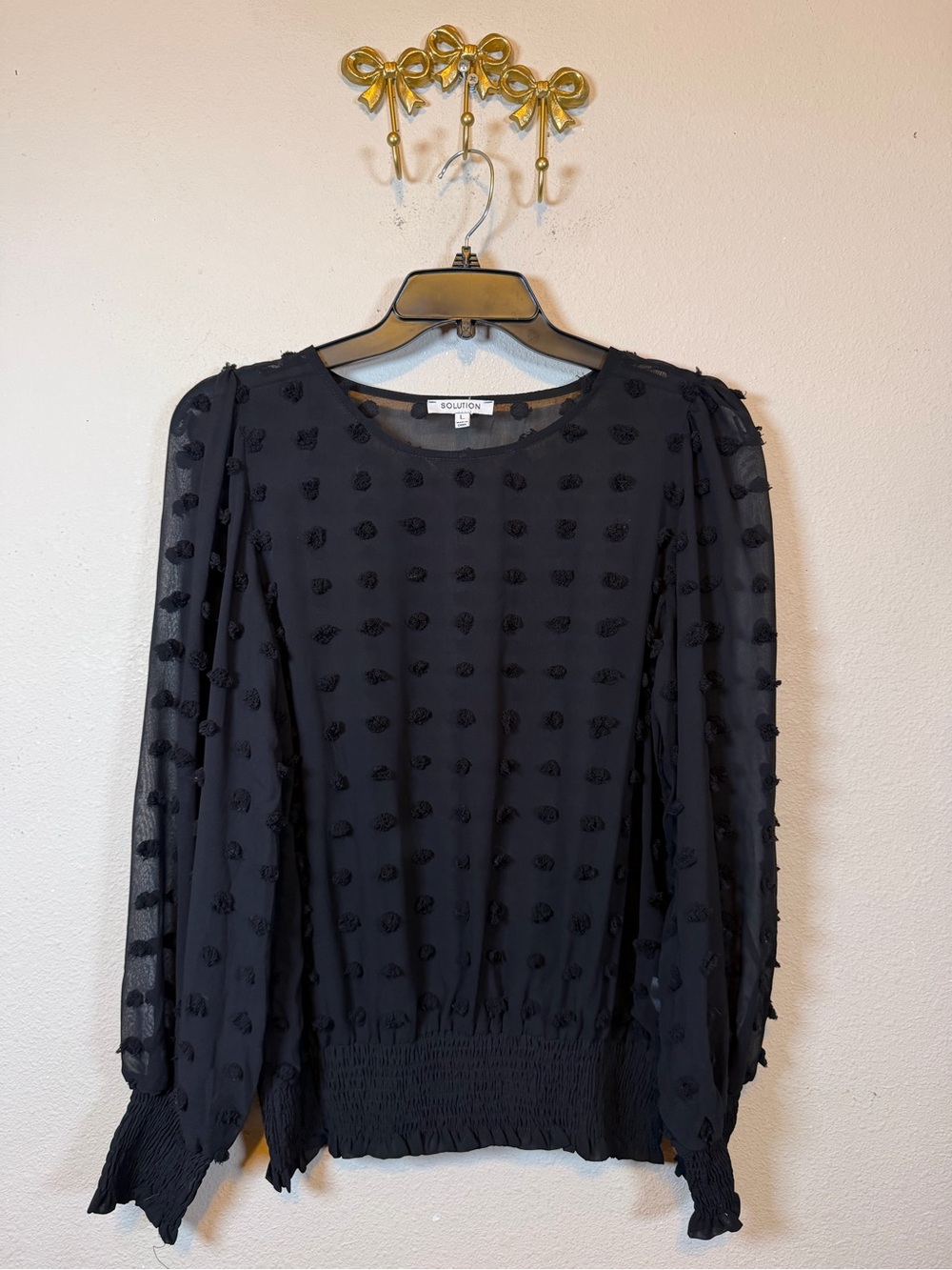 Solution Black Swiss-Dot Textured Long-Sleeve Blouse w/Elastic Band Wrist & Band